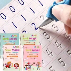 Sank Magic Practice Books Set: Write & Wipe (4 Books - Numbers, Alphabets, Drawing, Math Questions) with 1 Pen, 1  Pen Holder, 10 Refills